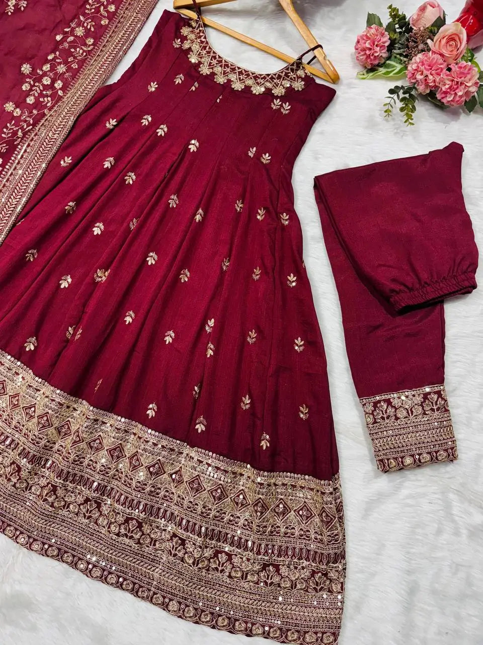 Embroidered Vichitra Silk Gown Suit Set