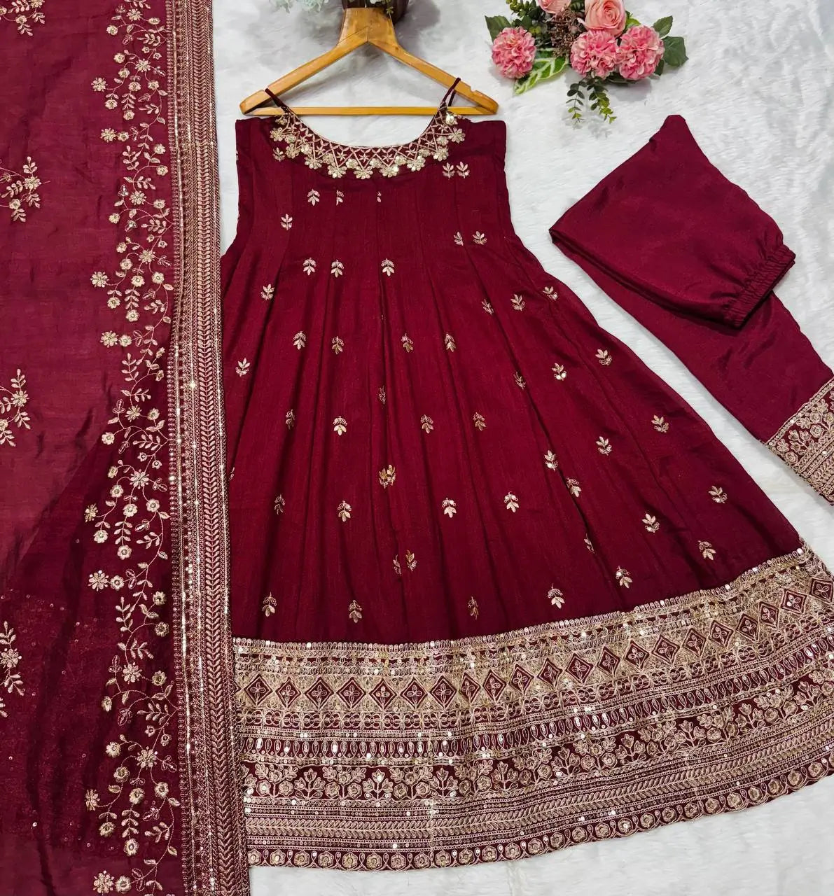 Embroidered Vichitra Silk Gown Suit Set