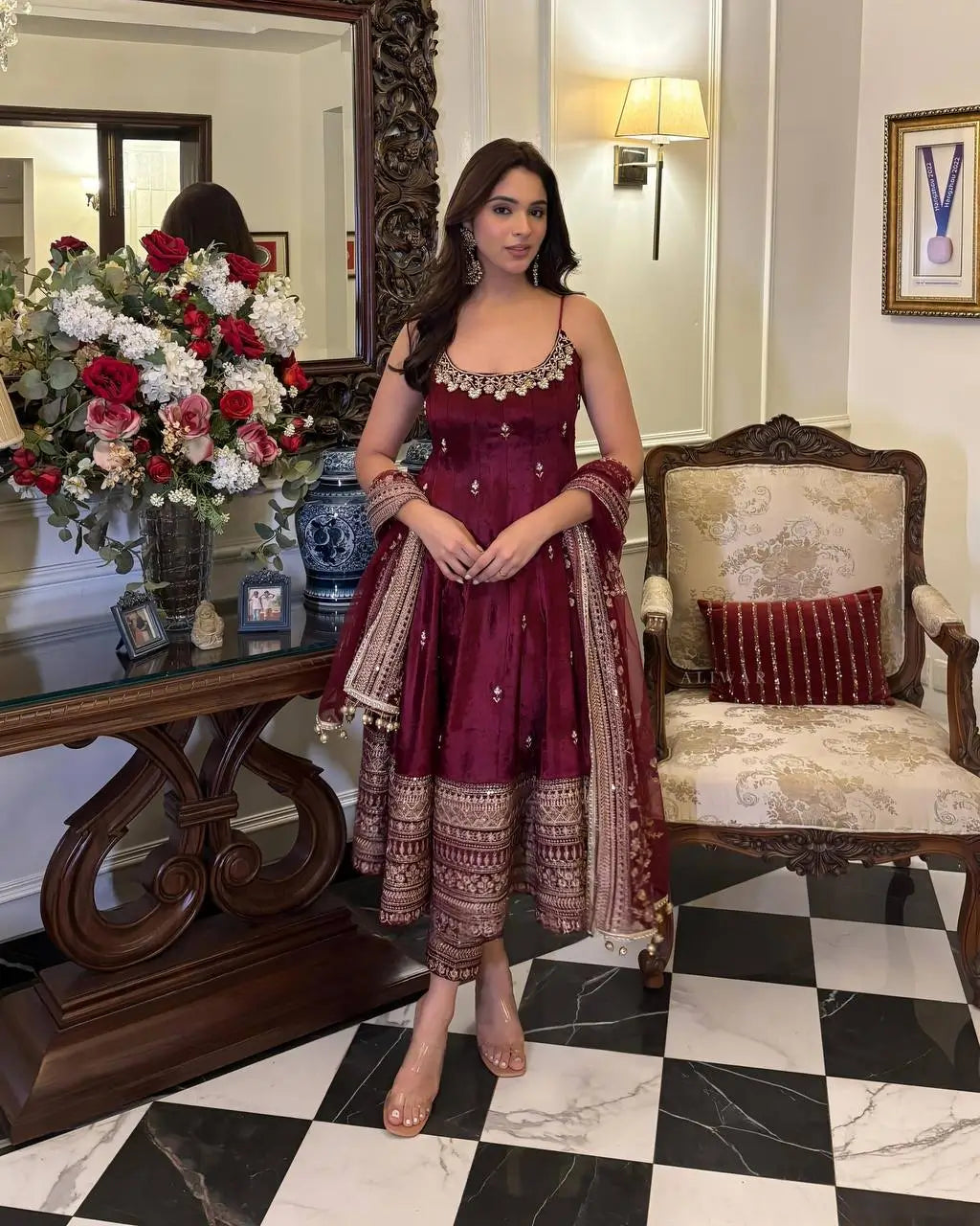 Embroidered Vichitra Silk Gown Suit Set