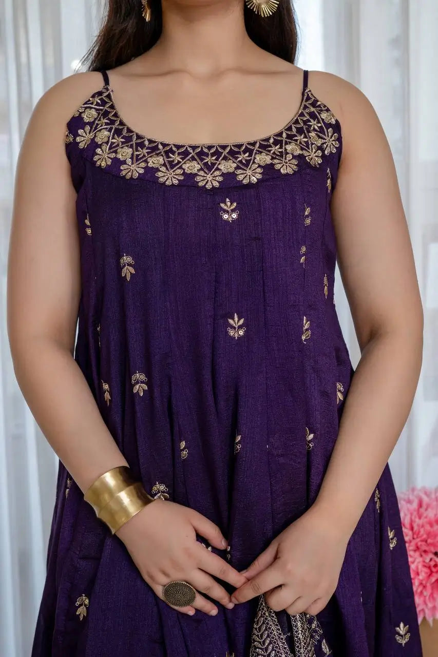 Embroidered Vichitra Silk Gown Suit Set
