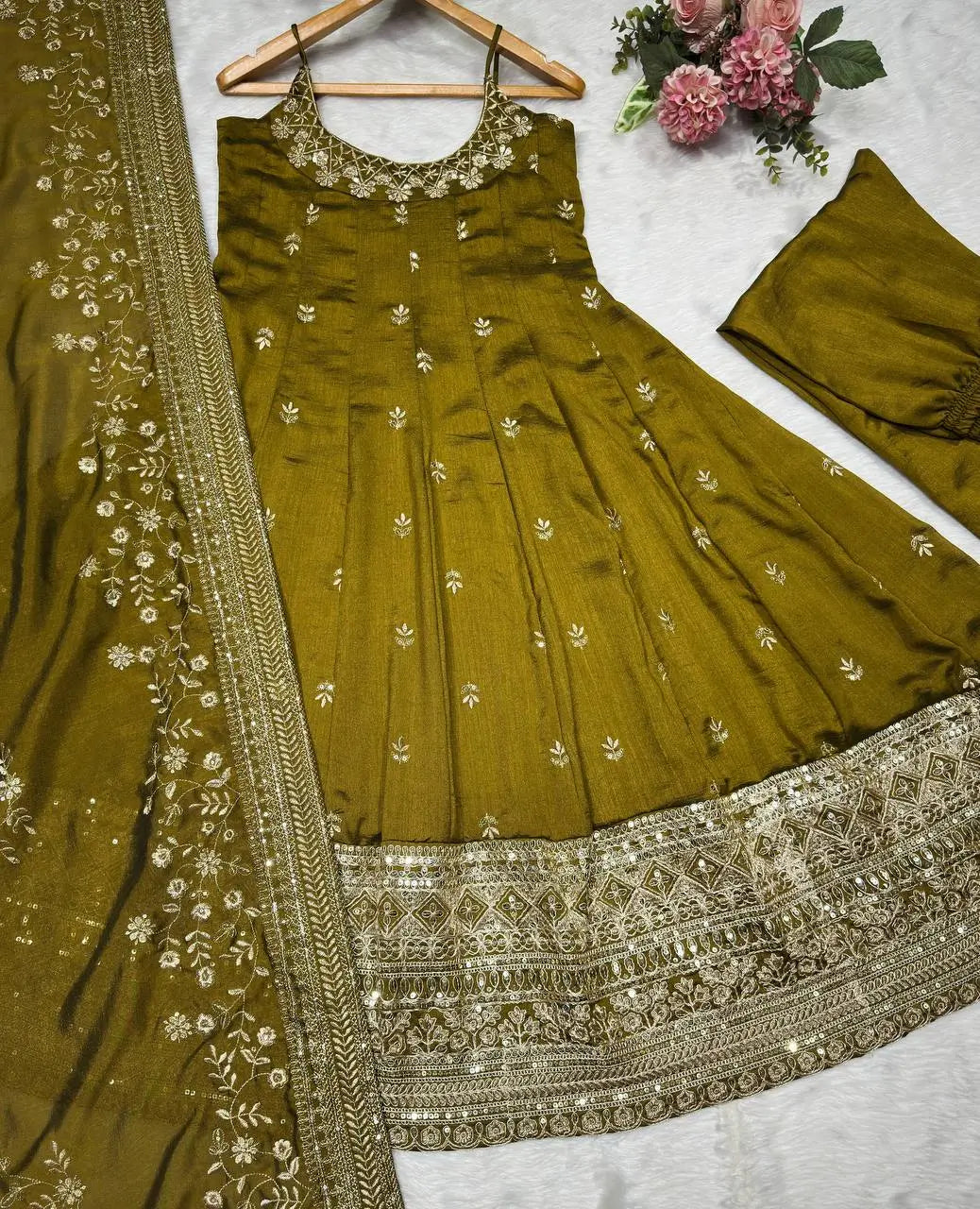 Embroidered Vichitra Silk Gown Suit Set