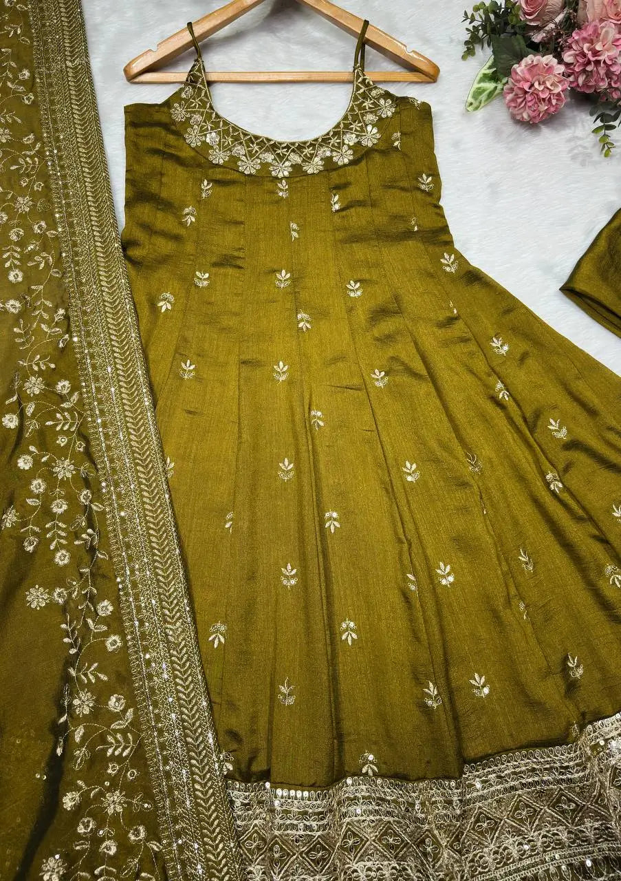 Embroidered Vichitra Silk Gown Suit Set