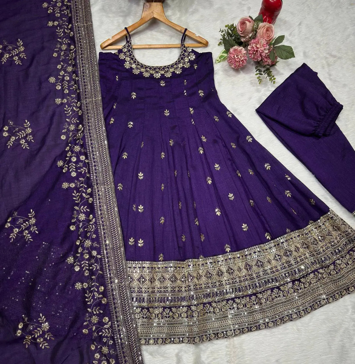 Embroidered Vichitra Silk Gown Suit Set