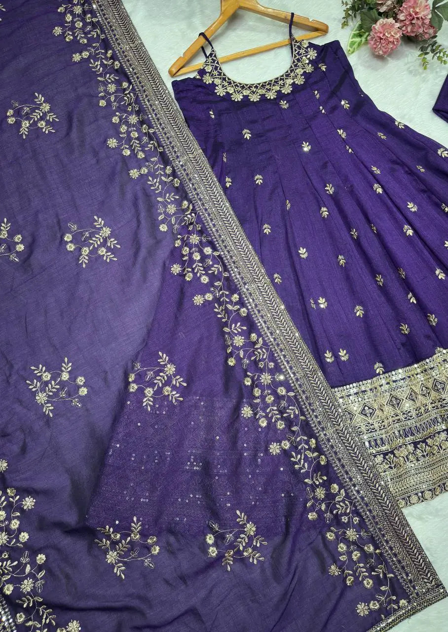 Embroidered Vichitra Silk Gown Suit Set