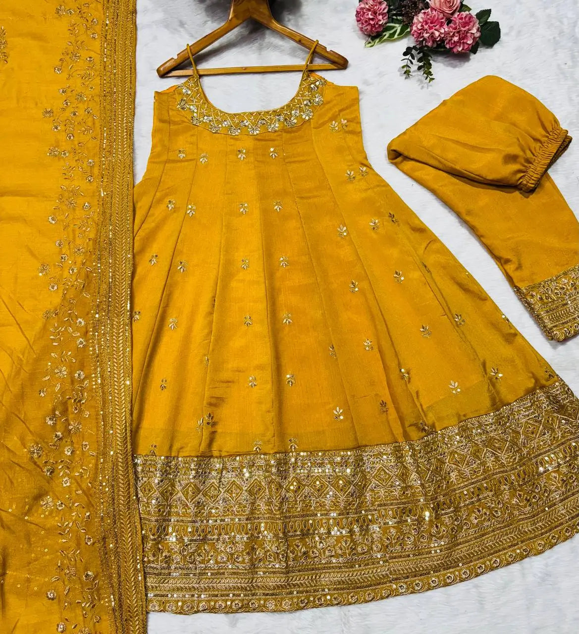 Embroidered Vichitra Silk Gown Suit Set