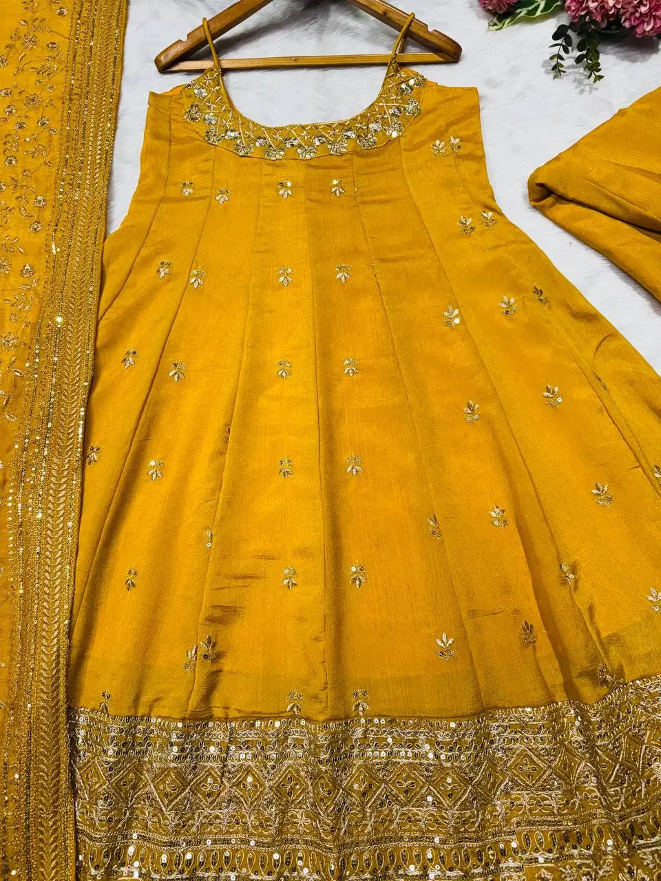 Embroidered Vichitra Silk Gown Suit Set