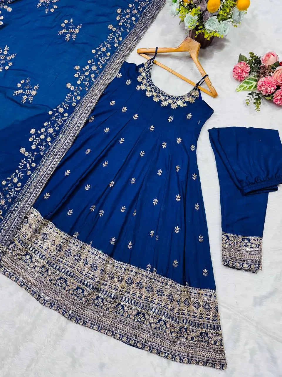 Embroidered Vichitra Silk Gown Suit Set