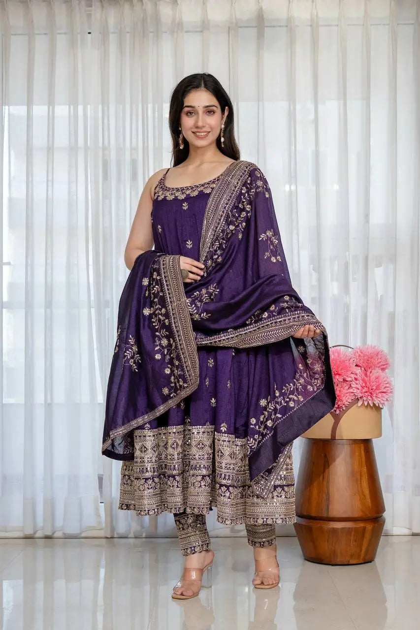 Embroidered Vichitra Silk Gown Suit Set