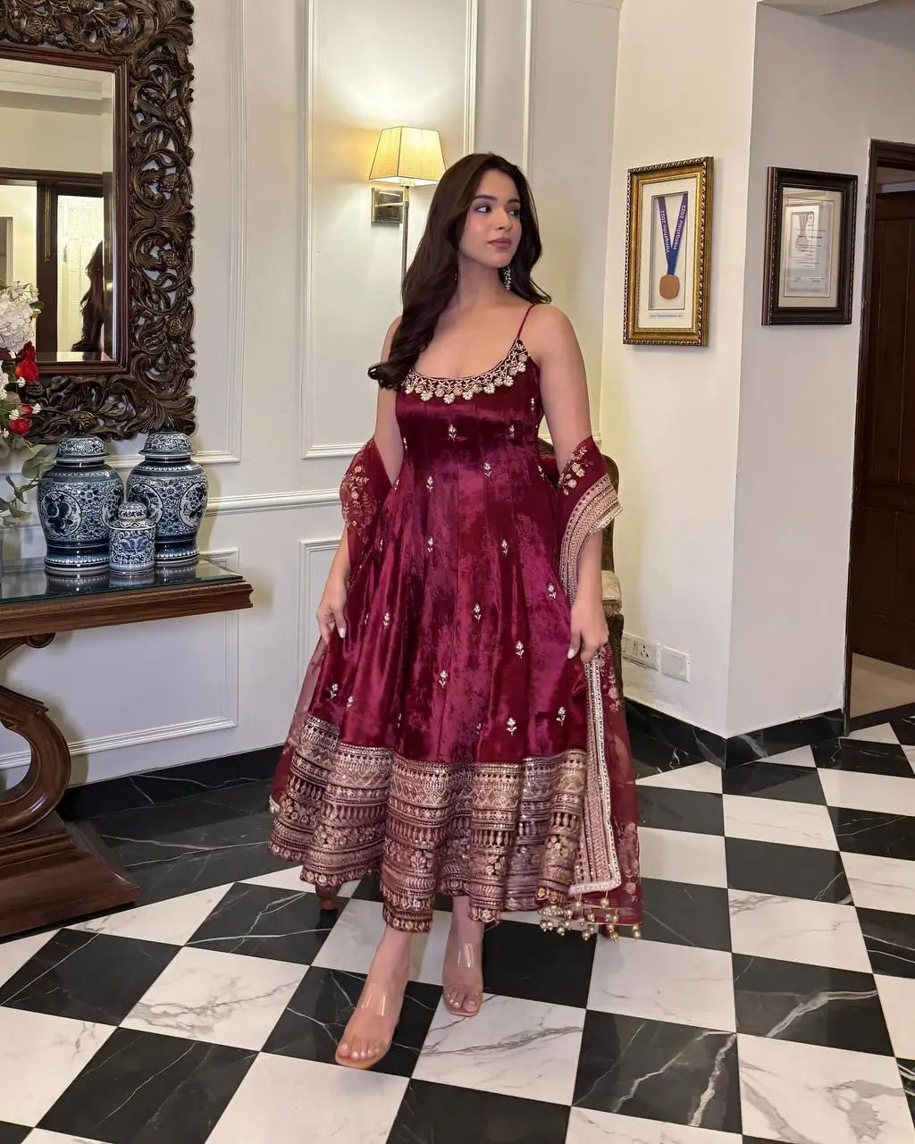 Embroidered Vichitra Silk Gown Suit Set