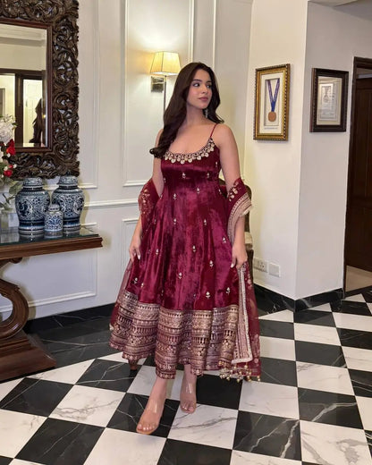 Embroidered Vichitra Silk Gown Suit Set