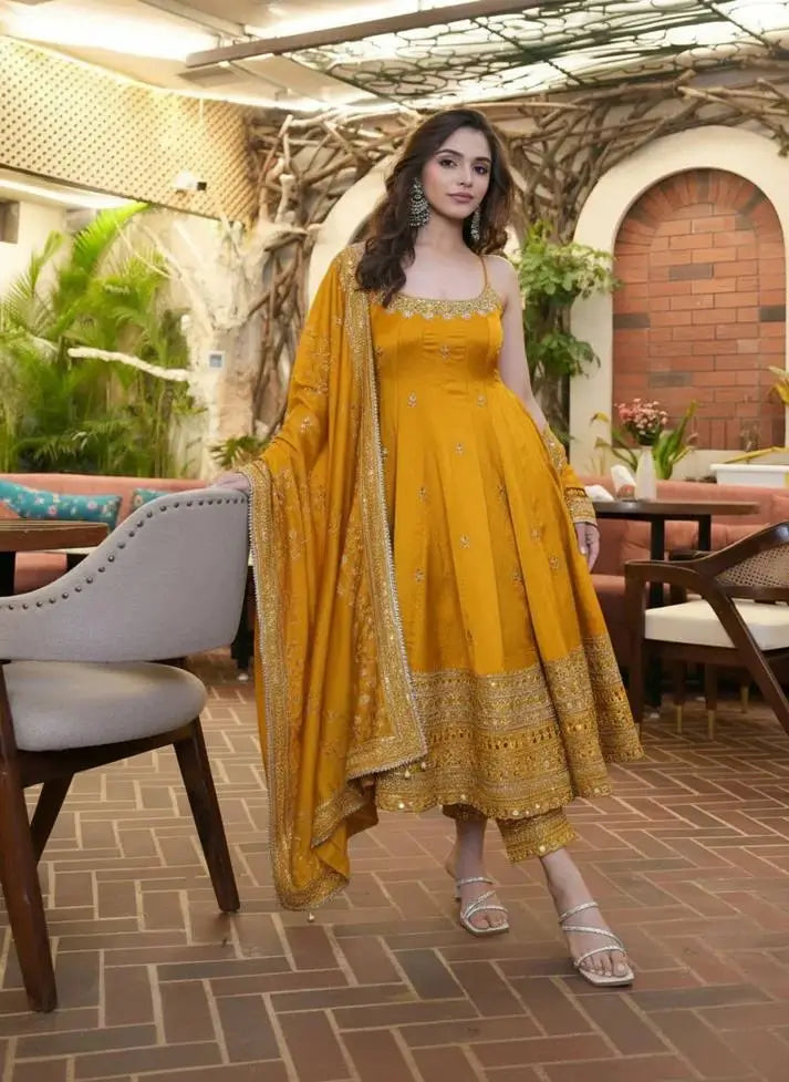 Embroidered Vichitra Silk Gown Suit Set