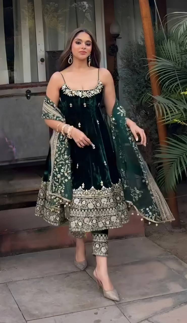 Embroidered Vichitra Silk Gown Suit Set