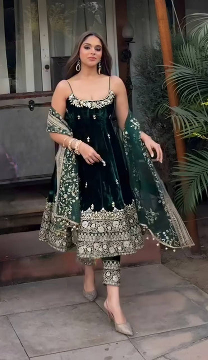 Embroidered Vichitra Silk Gown Suit Set