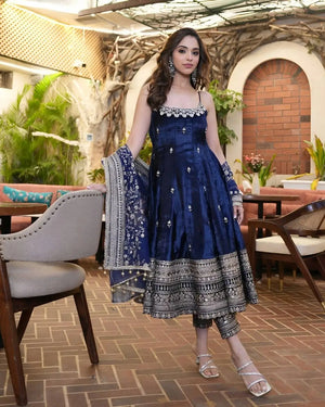 Embroidered Vichitra Silk Gown Suit Set