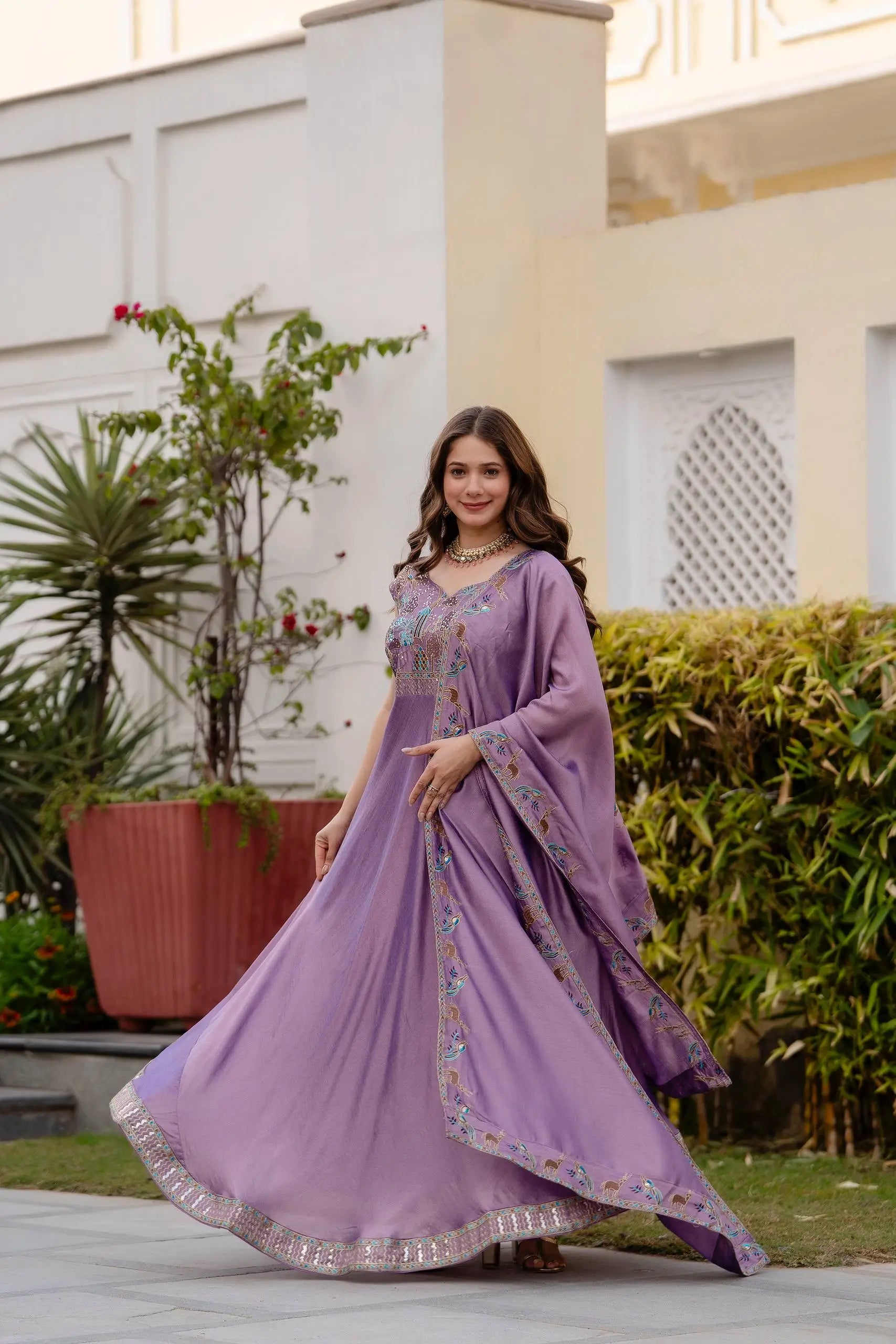 Embroidered Vichitra Silk Gown with Dupatta for Festive and Party Wear