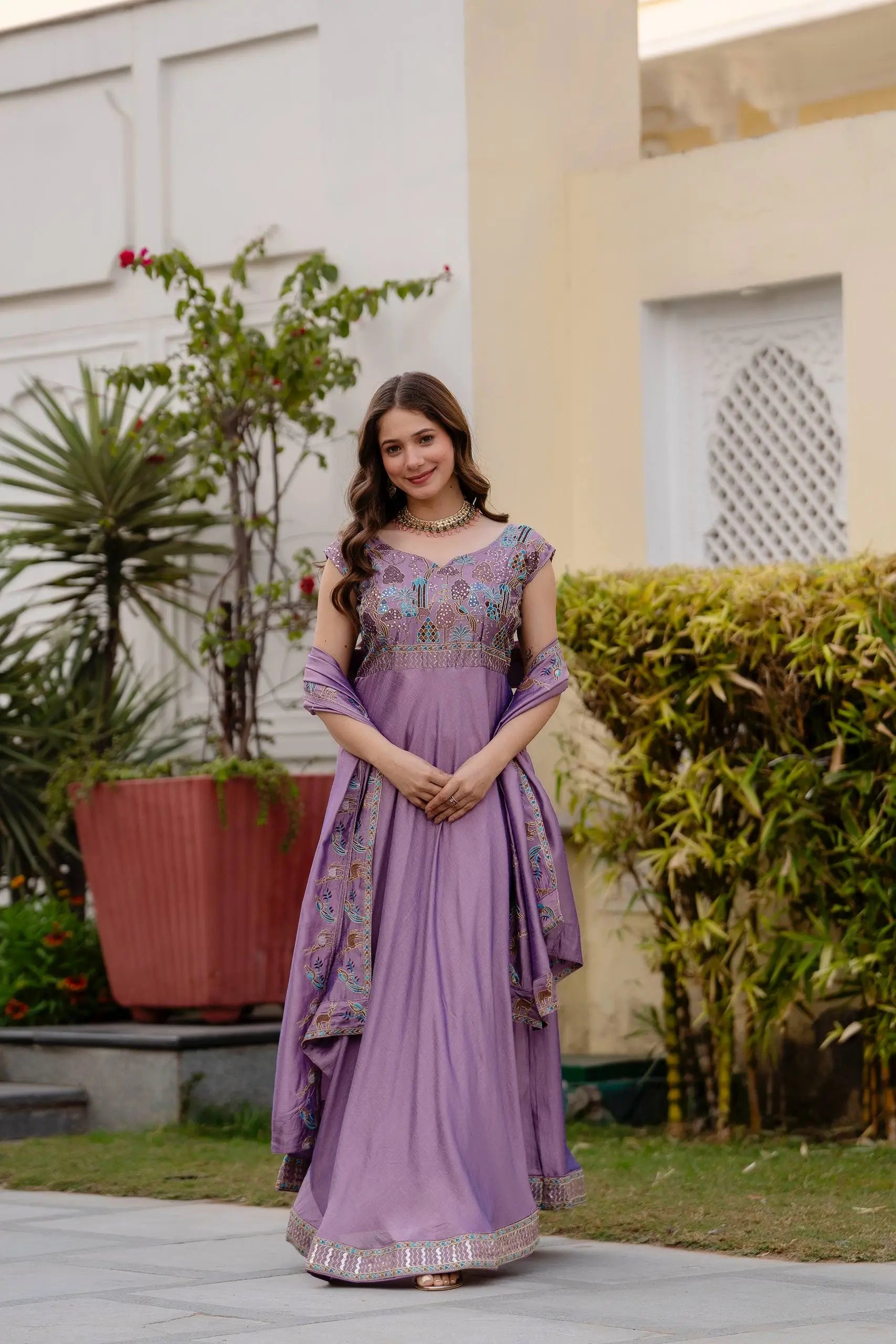 Embroidered Vichitra Silk Gown with Dupatta for Festive and Party Wear