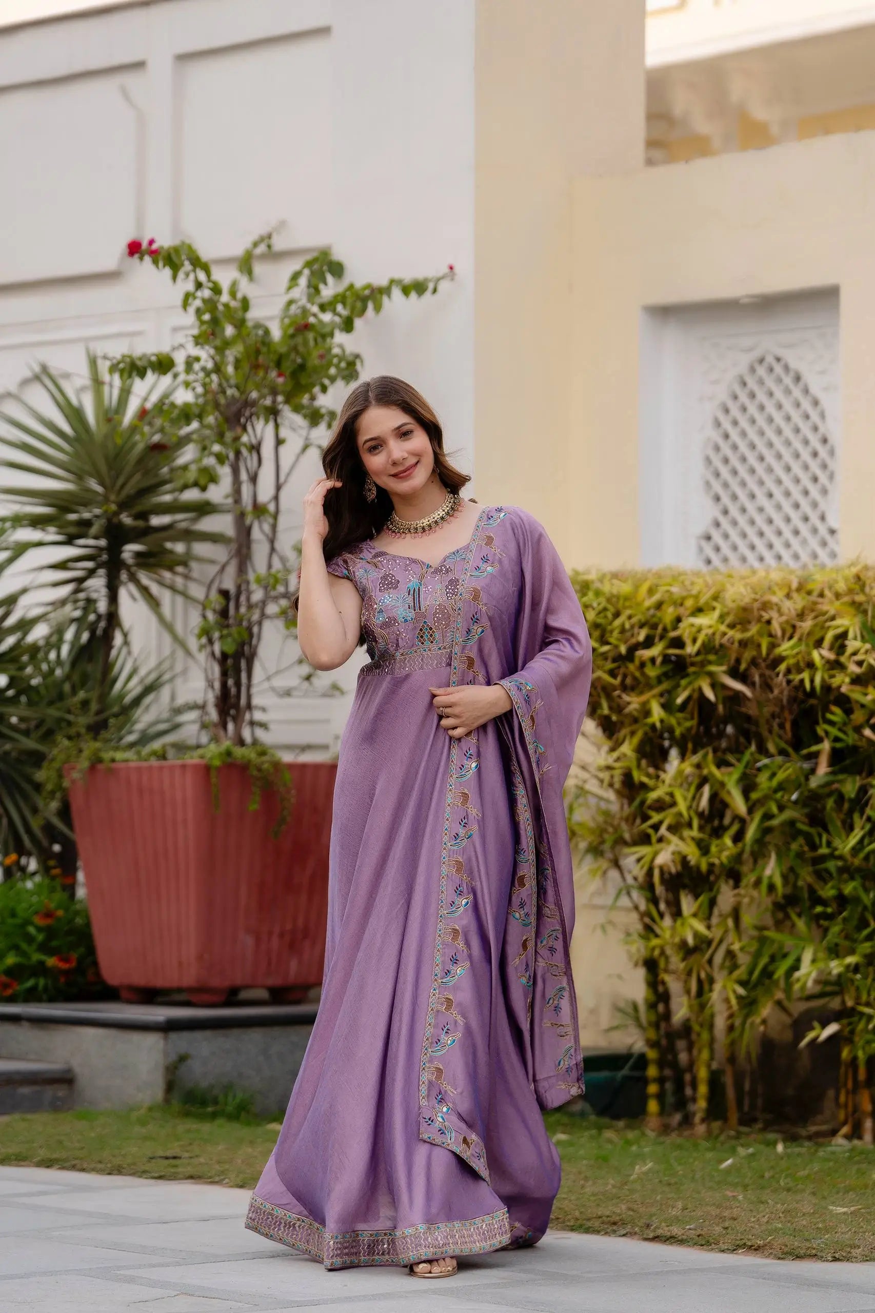 Embroidered Vichitra Silk Gown with Dupatta for Festive and Party Wear
