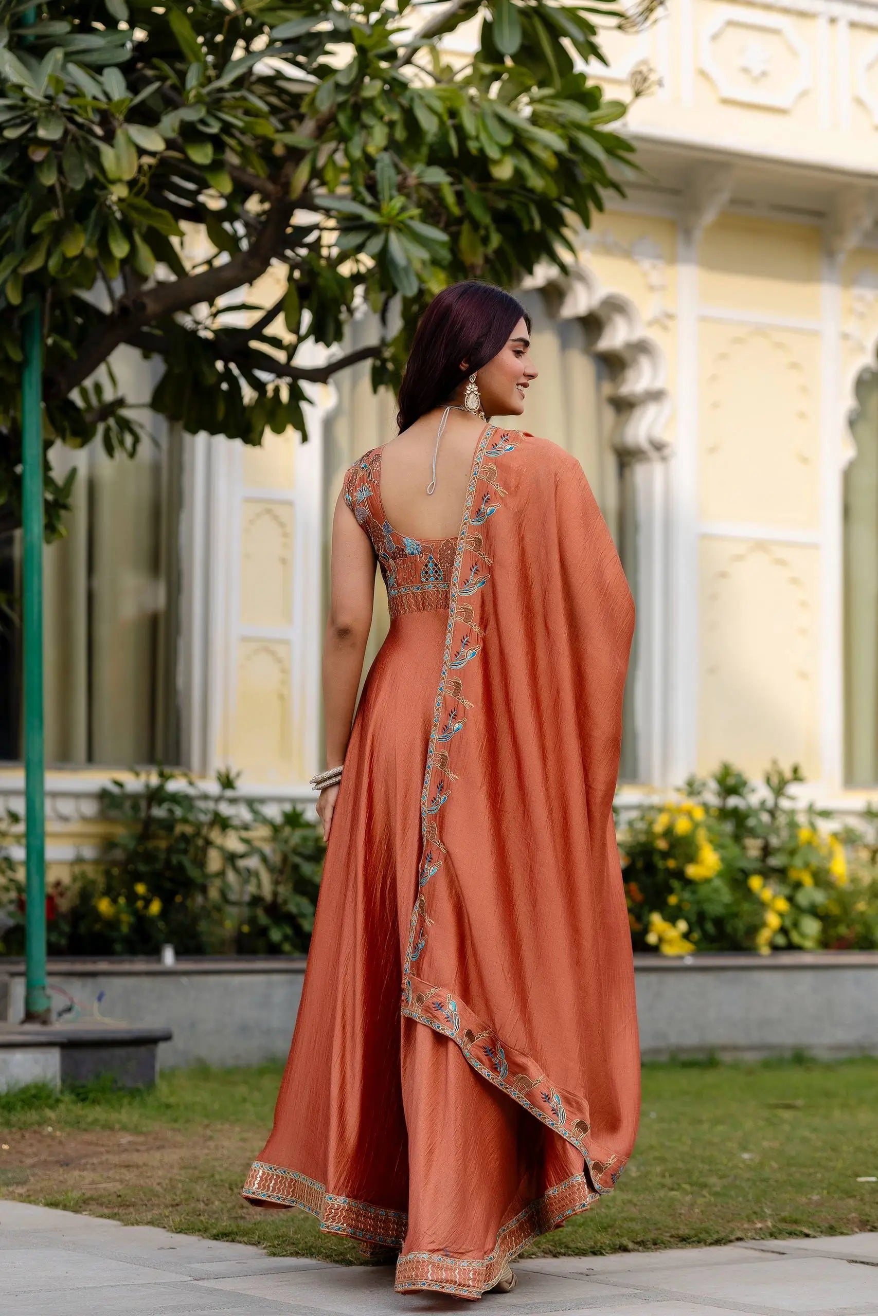 Embroidered Vichitra Silk Gown with Dupatta for Festive and Party Wear