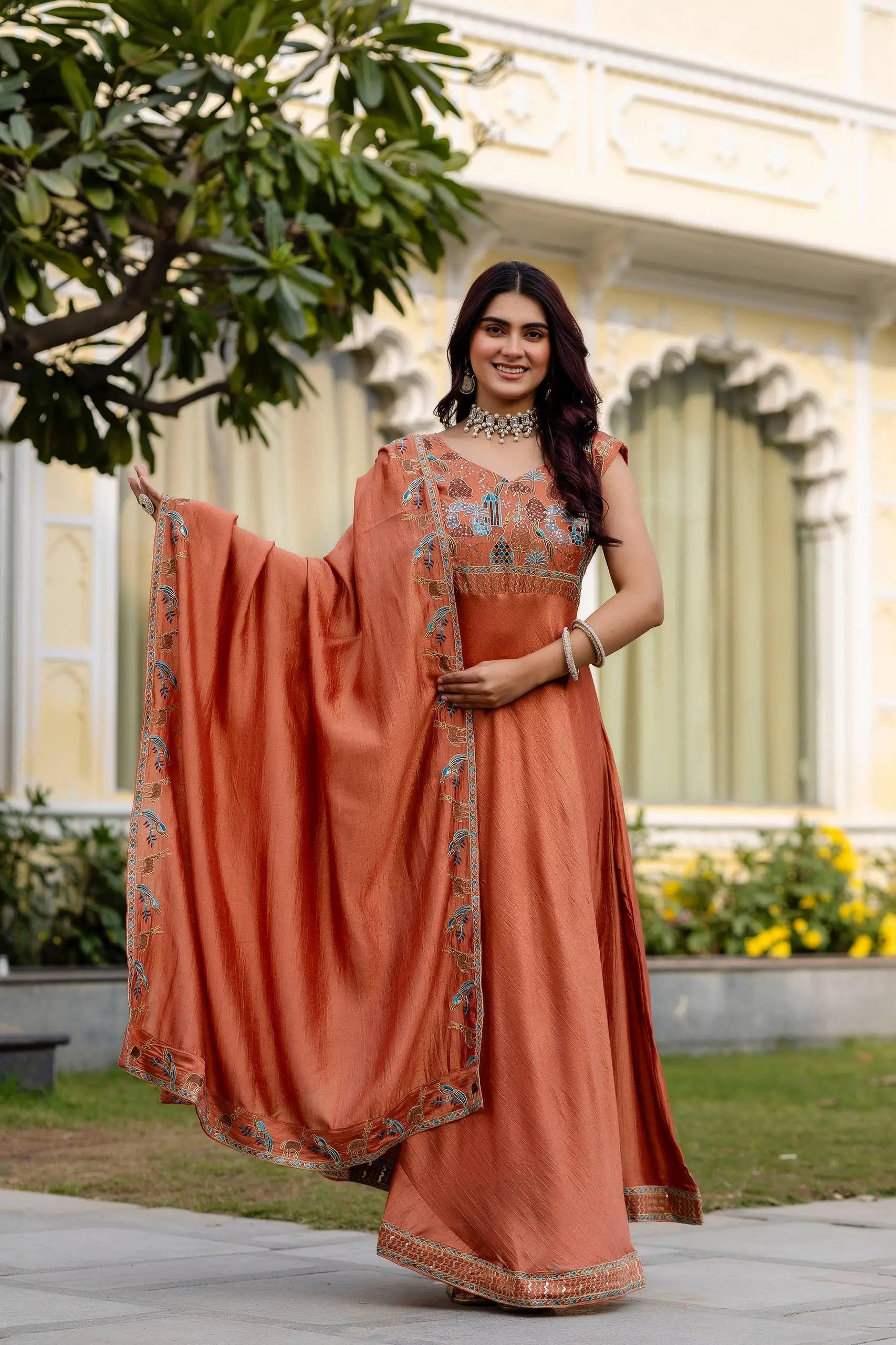 Embroidered Vichitra Silk Gown with Dupatta for Festive and Party Wear