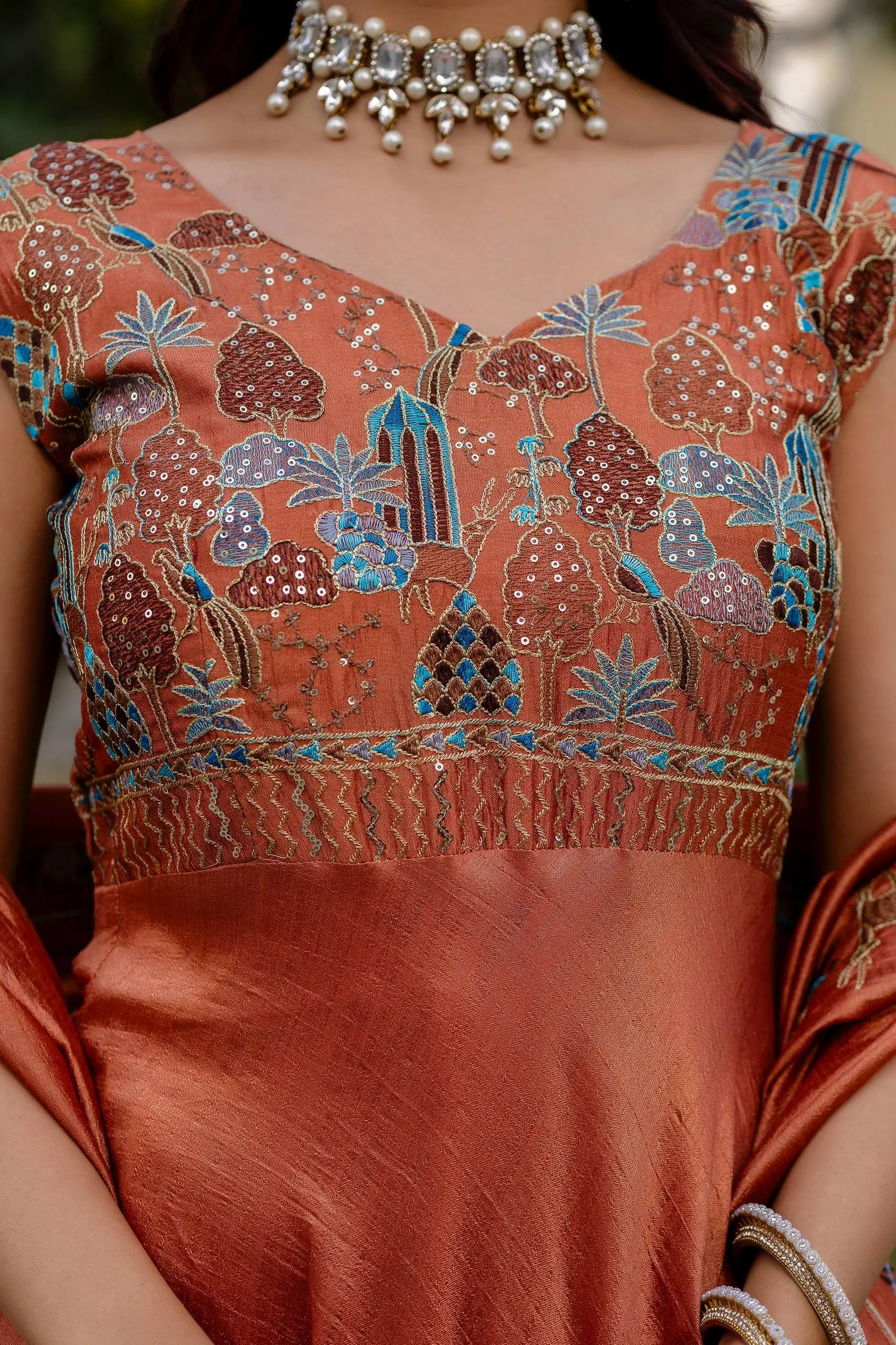 Embroidered Vichitra Silk Gown with Dupatta for Festive and Party Wear