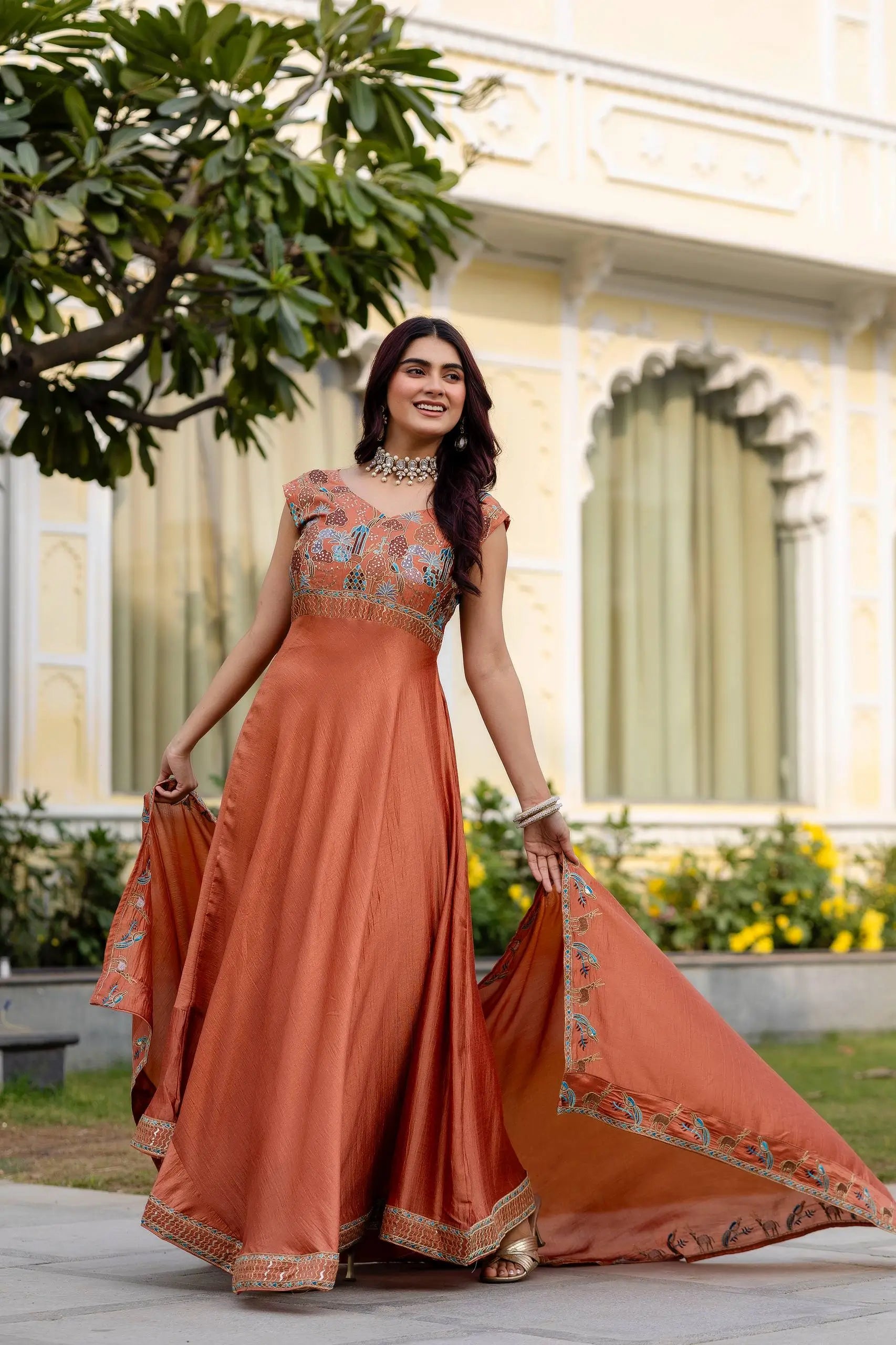 Embroidered Vichitra Silk Gown with Dupatta for Festive and Party Wear