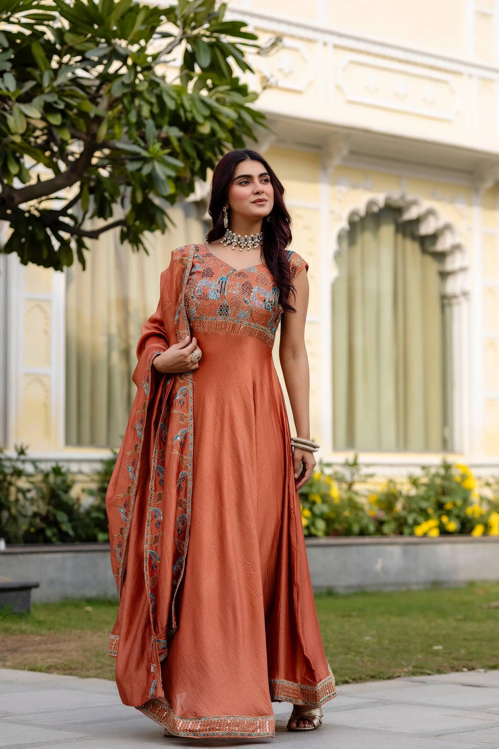 Embroidered Vichitra Silk Gown with Dupatta for Festive and Party Wear