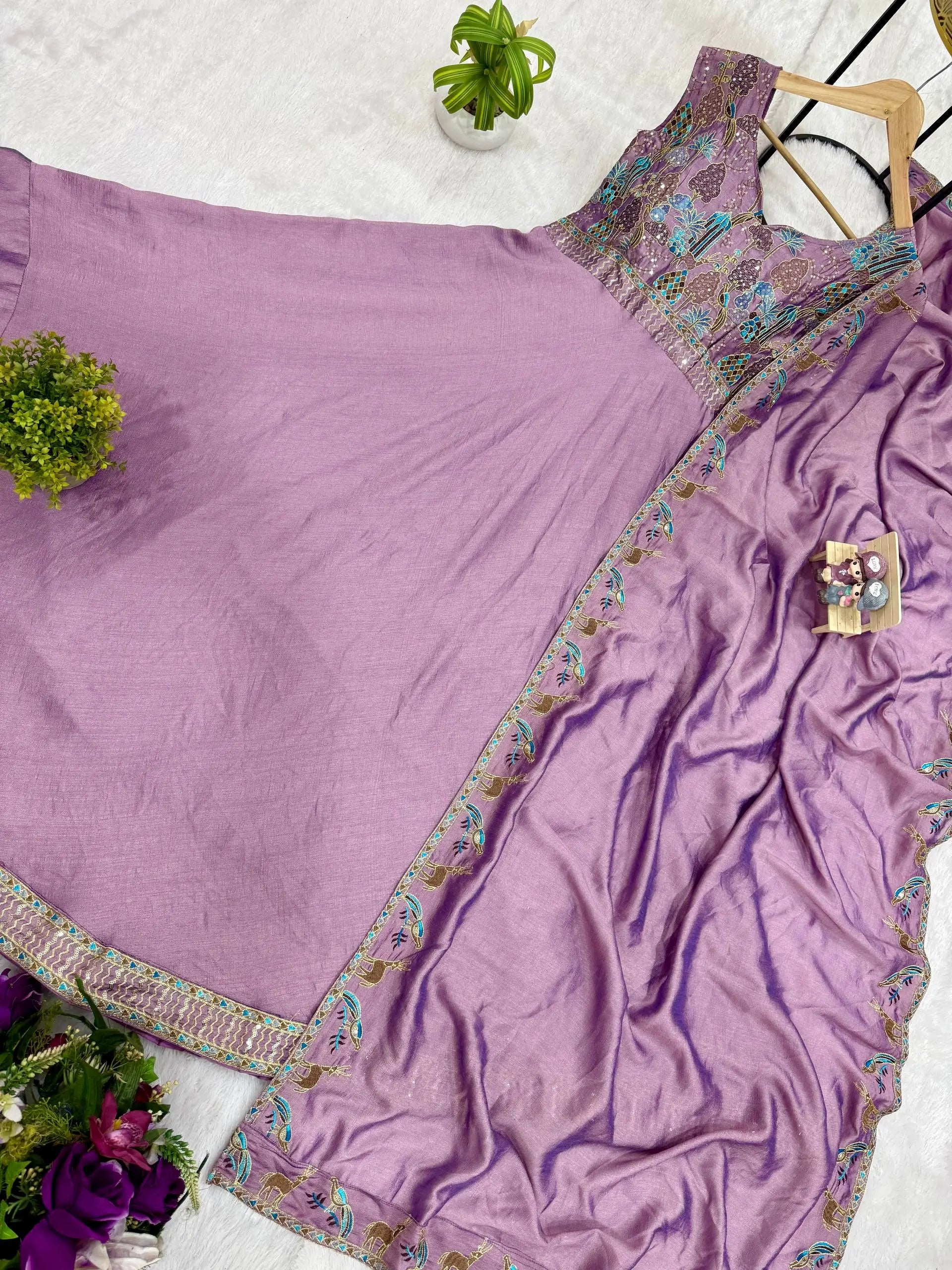 Embroidered Vichitra Silk Gown with Dupatta for Festive and Party Wear