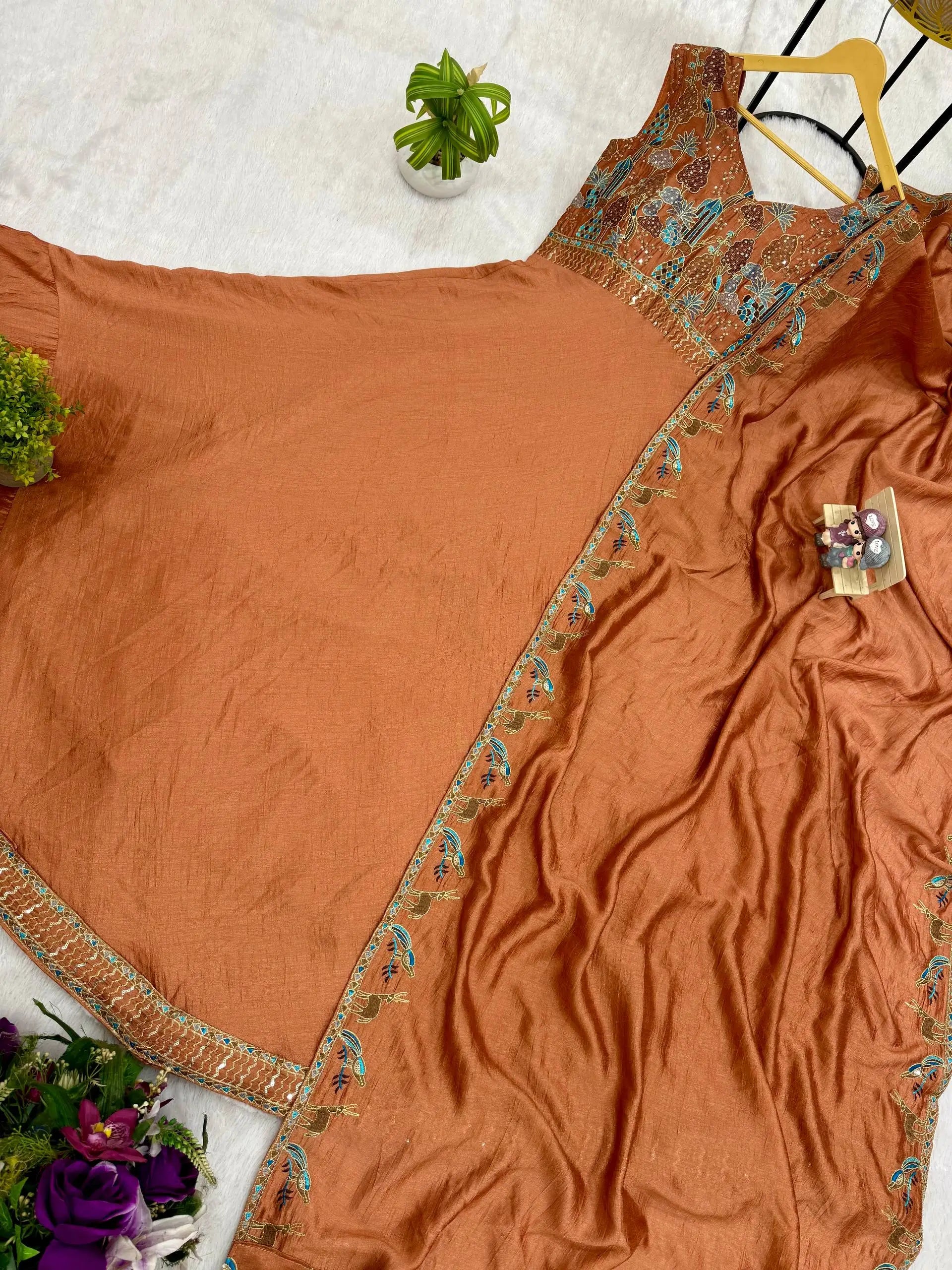 Embroidered Vichitra Silk Gown with Dupatta for Festive and Party Wear