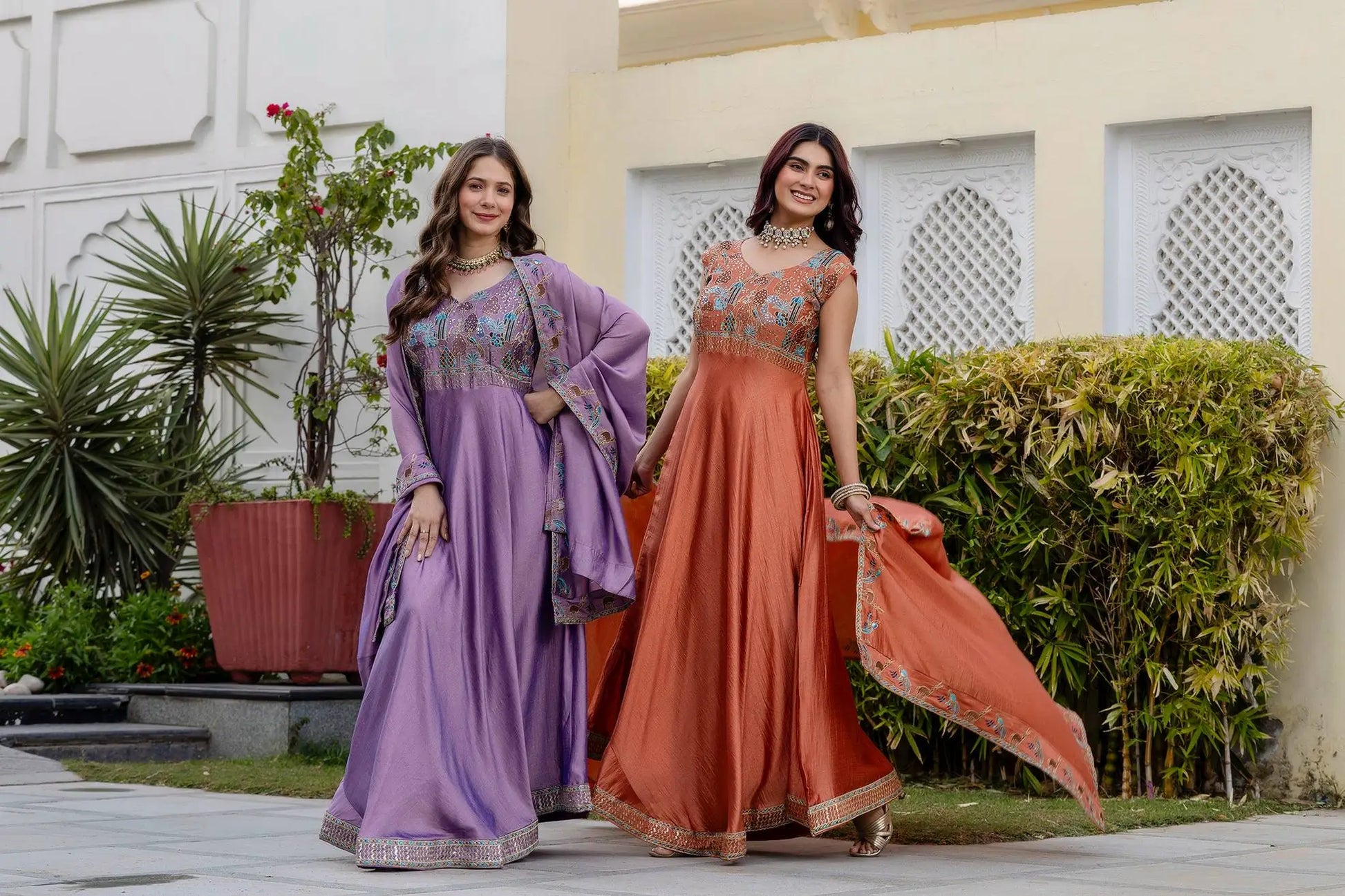 Embroidered Vichitra Silk Gown with Dupatta for Festive and Party Wear