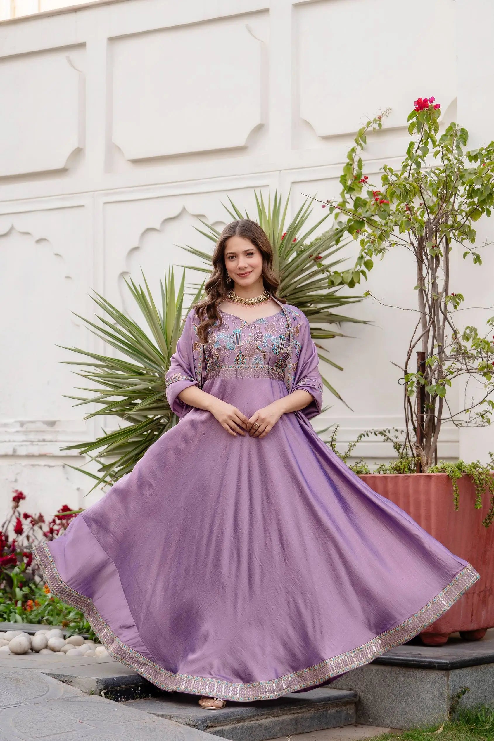 Embroidered Vichitra Silk Gown with Dupatta for Festive and Party Wear