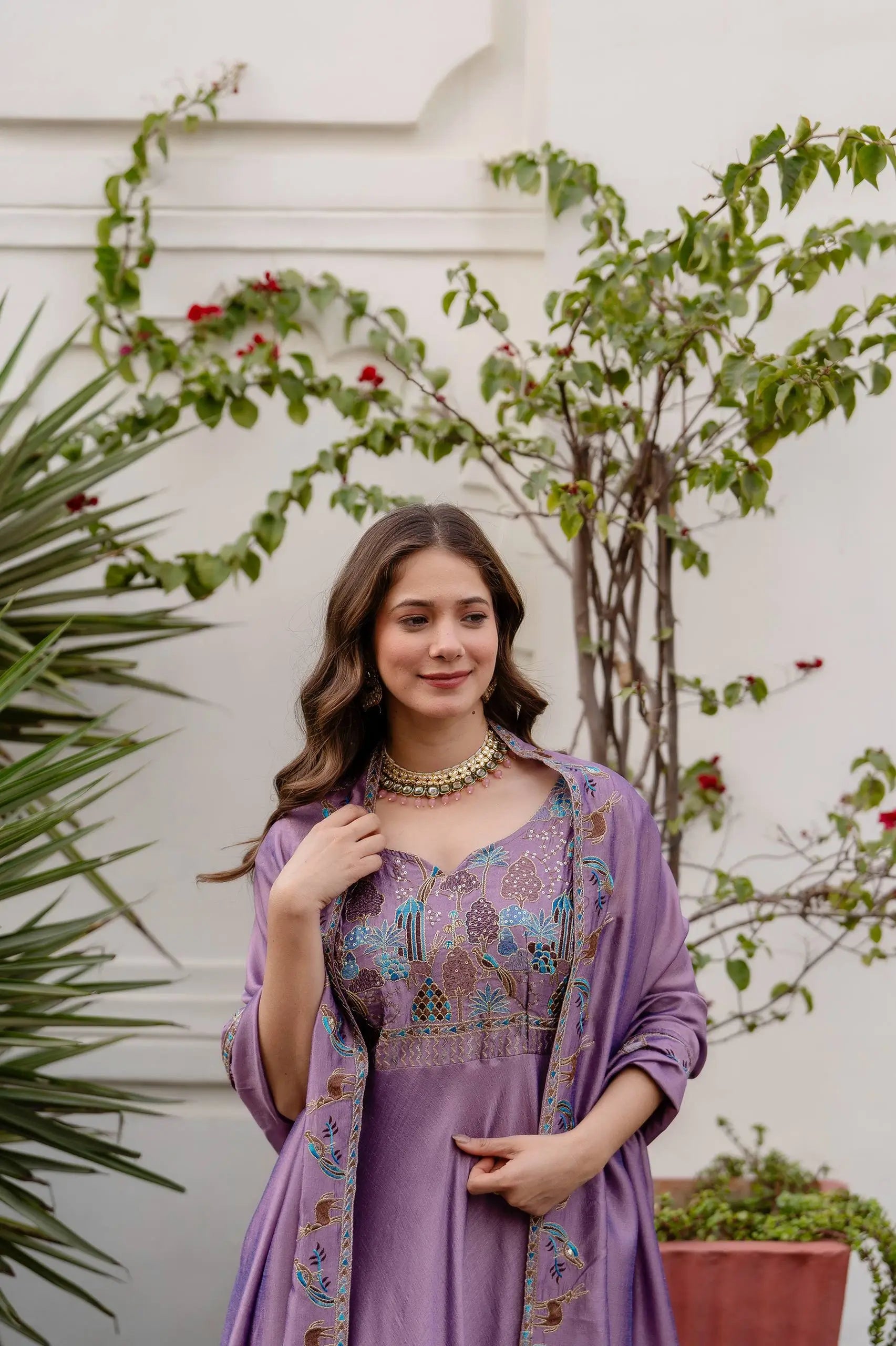 Embroidered Vichitra Silk Gown with Dupatta for Festive and Party Wear