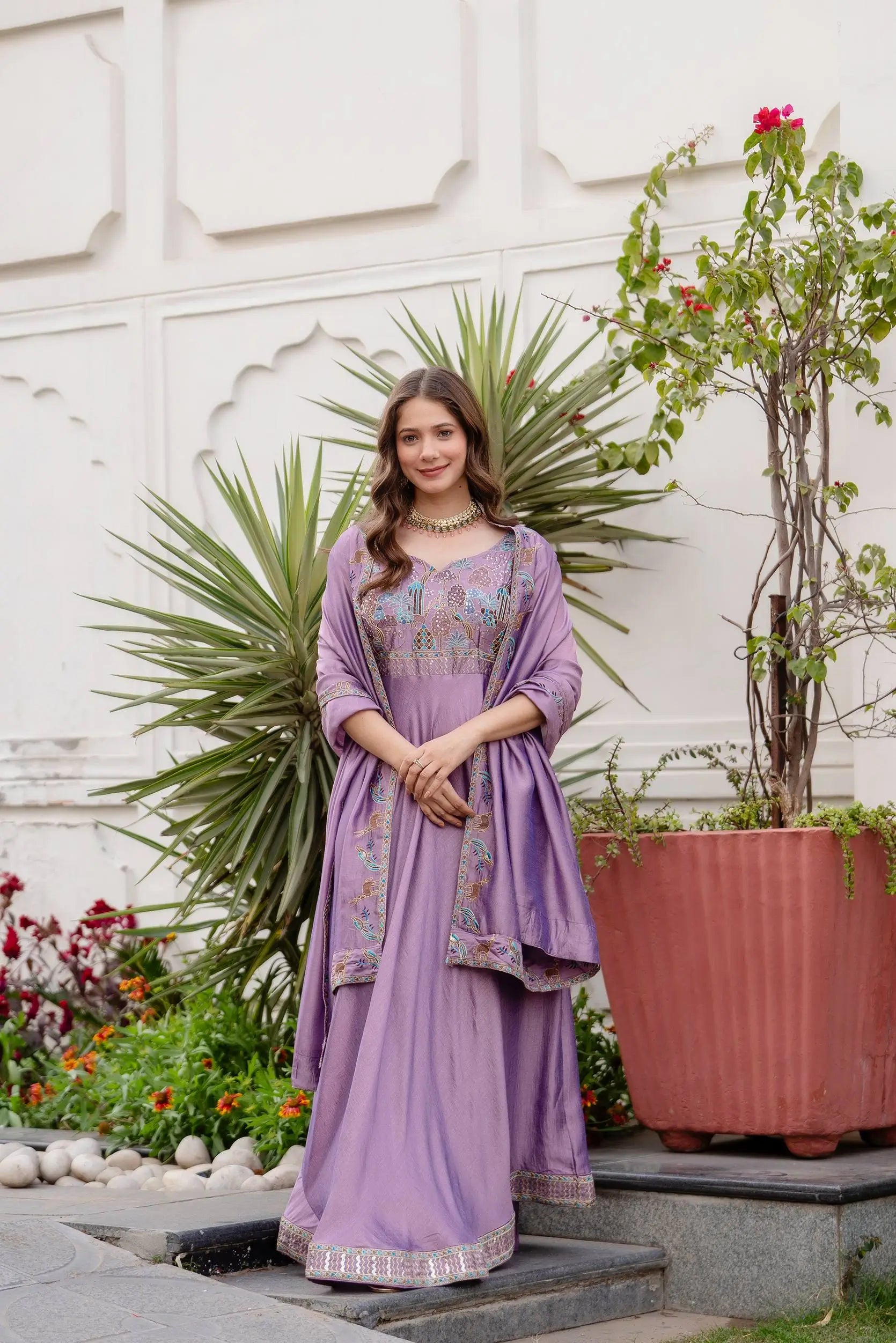Embroidered Vichitra Silk Gown with Dupatta for Festive and Party Wear
