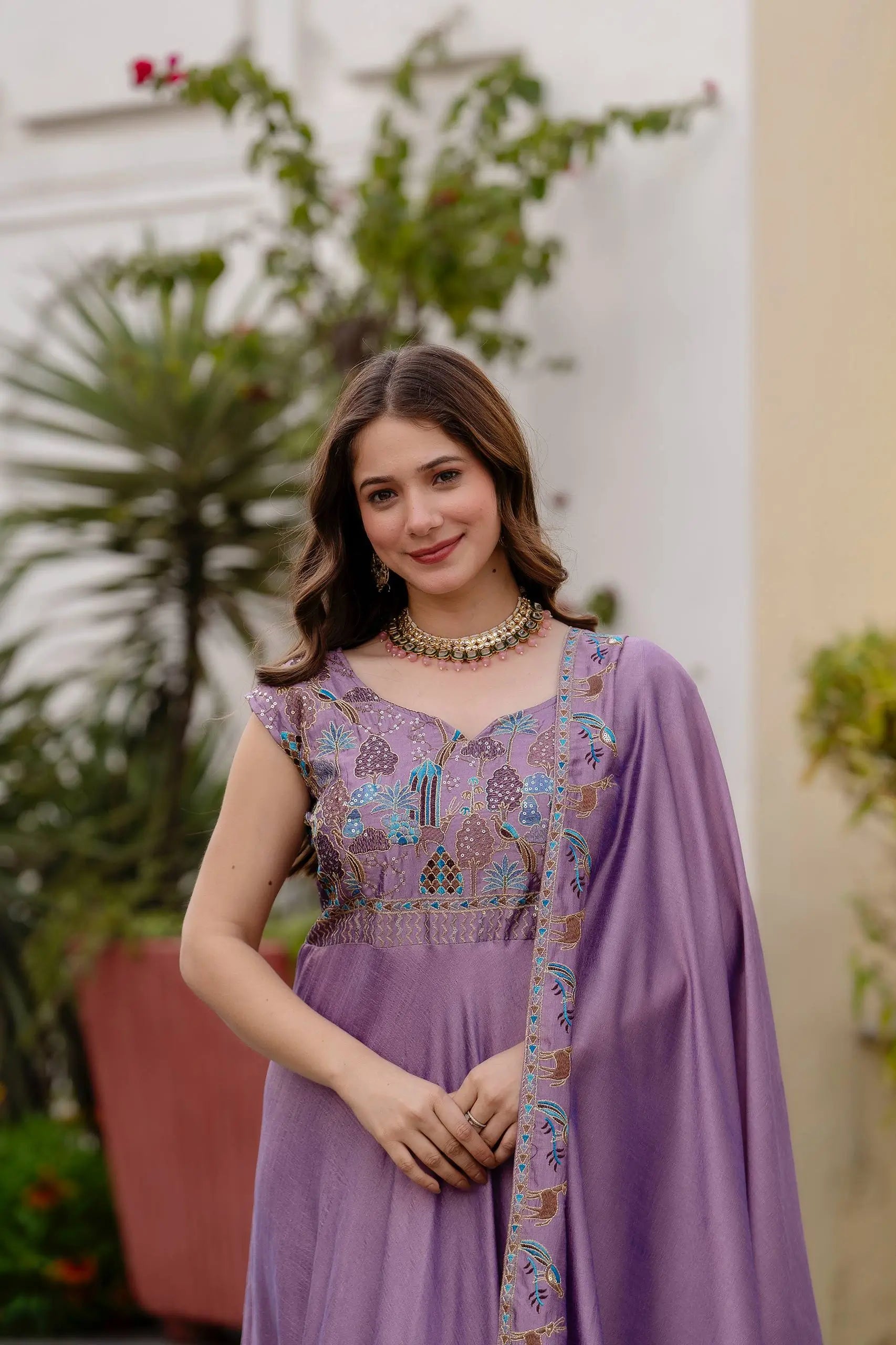 Embroidered Vichitra Silk Gown with Dupatta for Festive and Party Wear