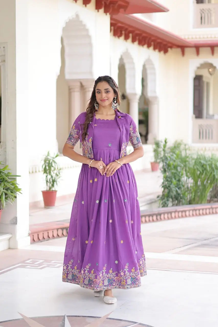 Embroidered Vichitra Silk Gown with Koti Set