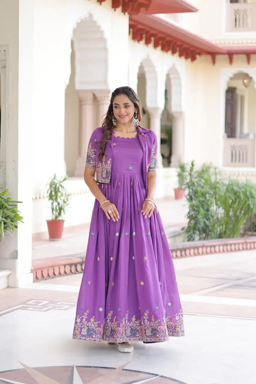 Embroidered Vichitra Silk Gown with Koti Set