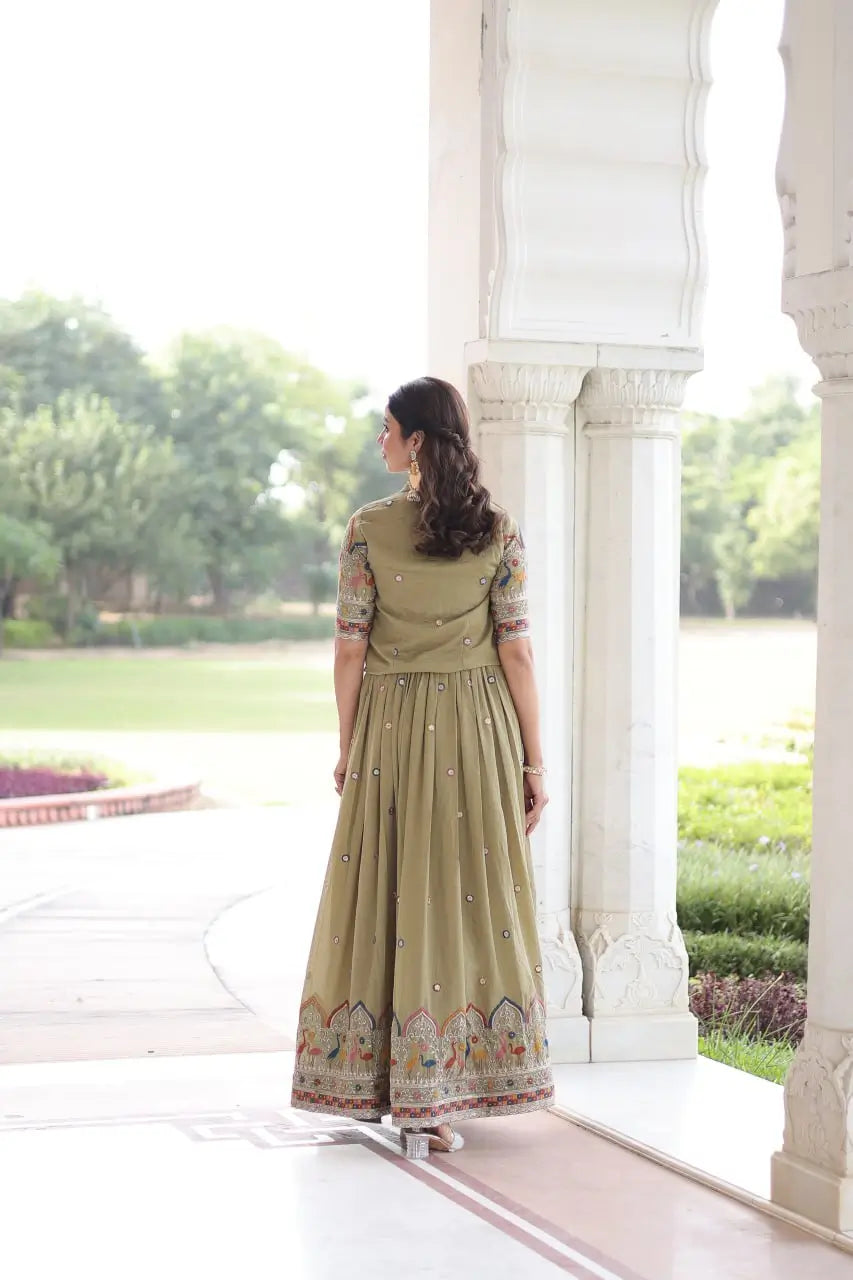 Embroidered Vichitra Silk Gown with Koti Set
