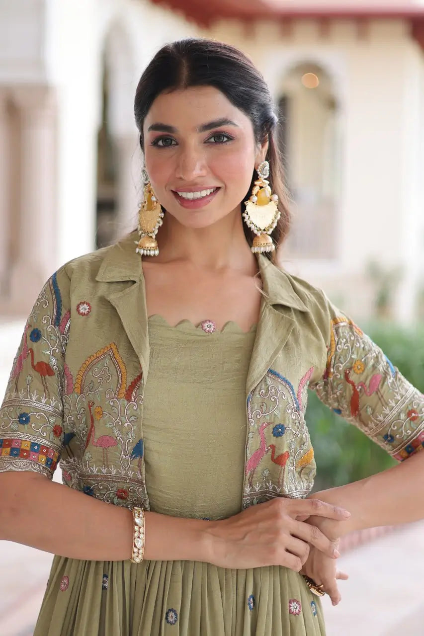 Embroidered Vichitra Silk Gown with Koti Set