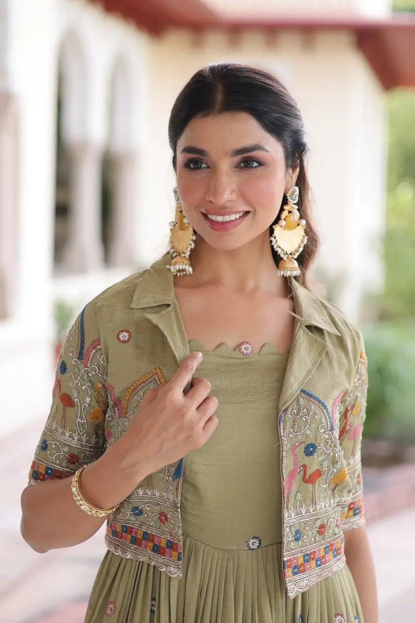 Embroidered Vichitra Silk Gown with Koti Set