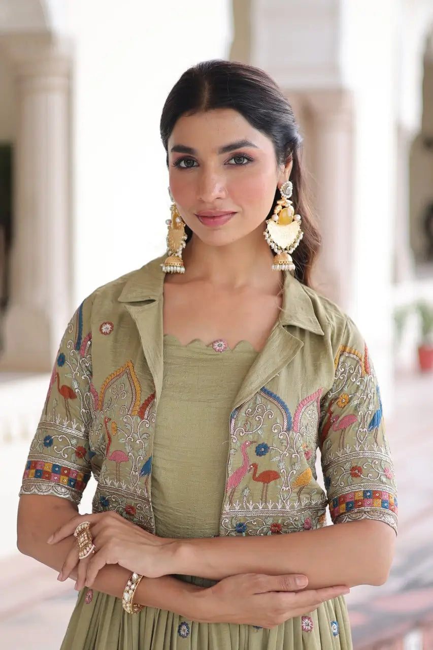 Embroidered Vichitra Silk Gown with Koti Set