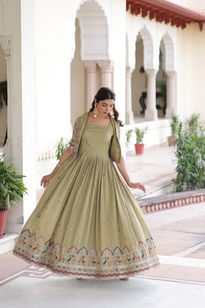 Embroidered Vichitra Silk Gown with Koti Set