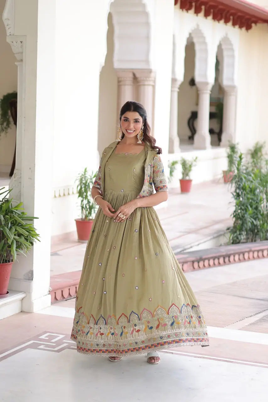 Embroidered Vichitra Silk Gown with Koti Set