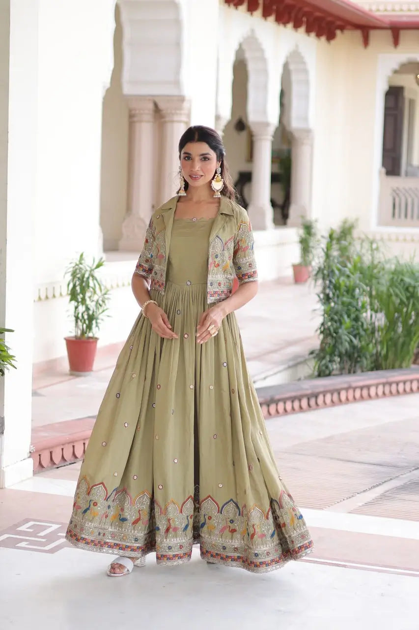 Embroidered Vichitra Silk Gown with Koti Set