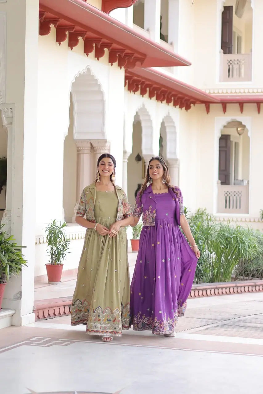 Embroidered Vichitra Silk Gown with Koti Set