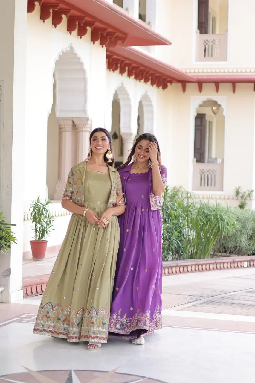 Embroidered Vichitra Silk Gown with Koti Set