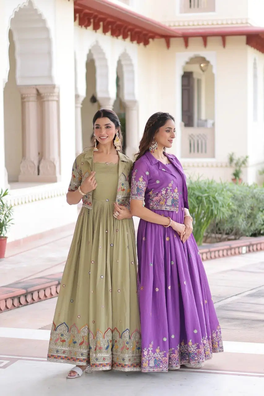 Embroidered Vichitra Silk Gown with Koti Set