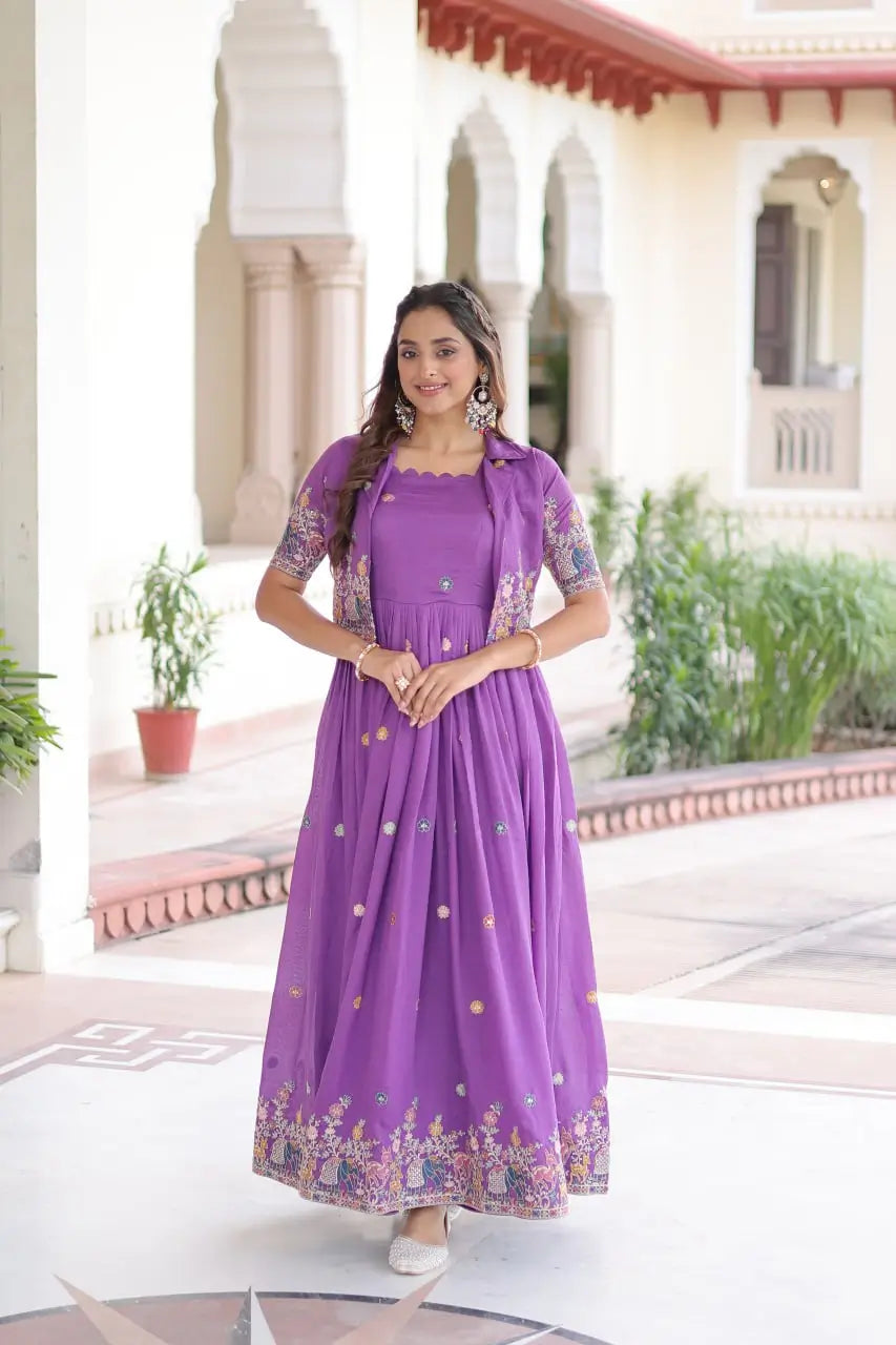 Embroidered Vichitra Silk Gown with Koti Set