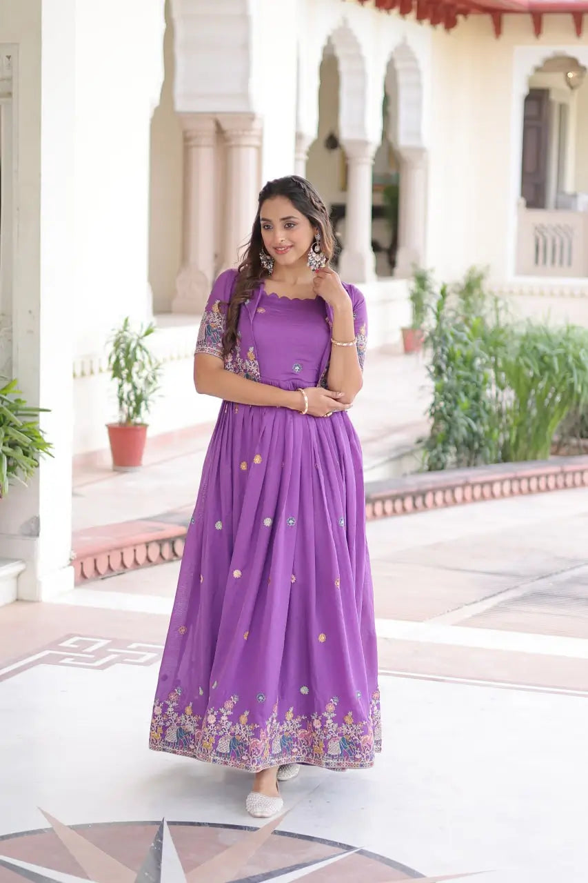 Embroidered Vichitra Silk Gown with Koti Set