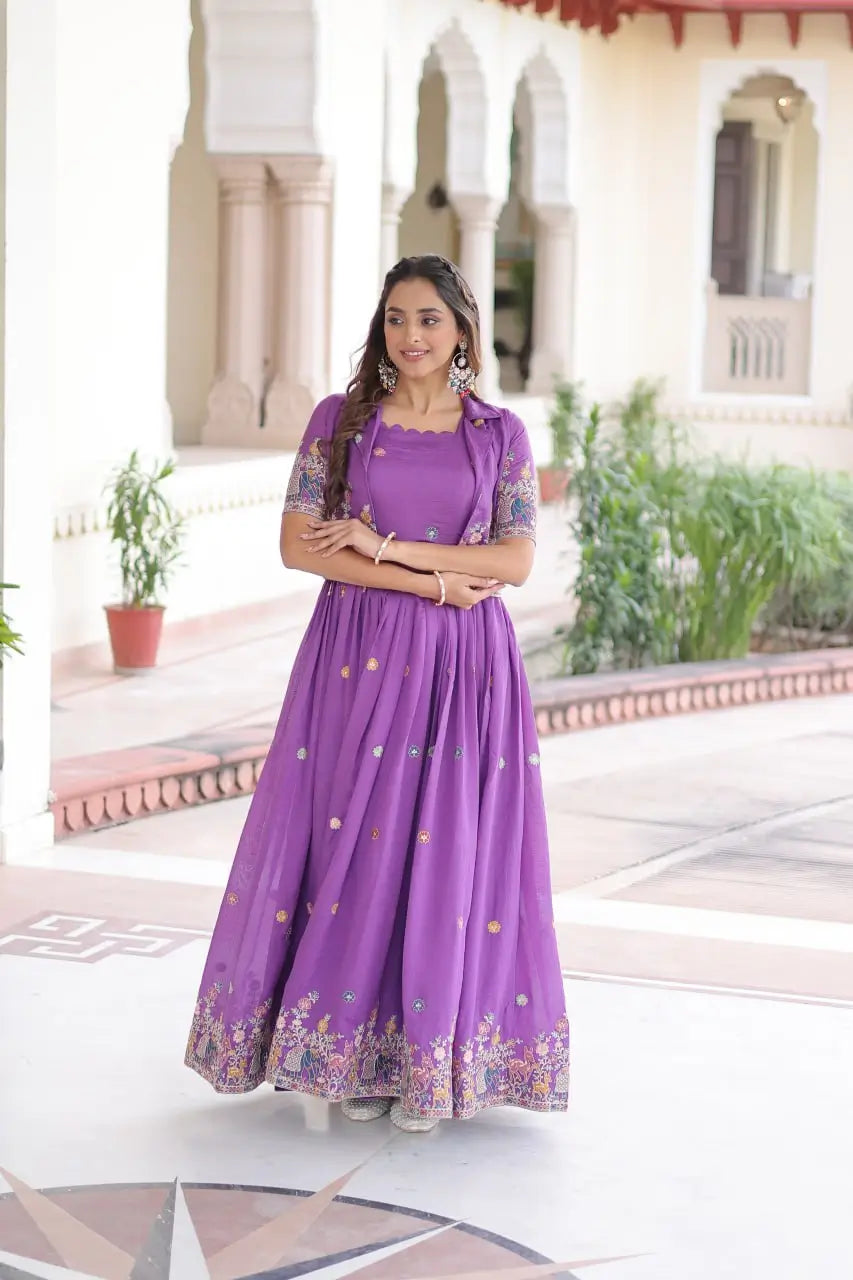 Embroidered Vichitra Silk Gown with Koti Set