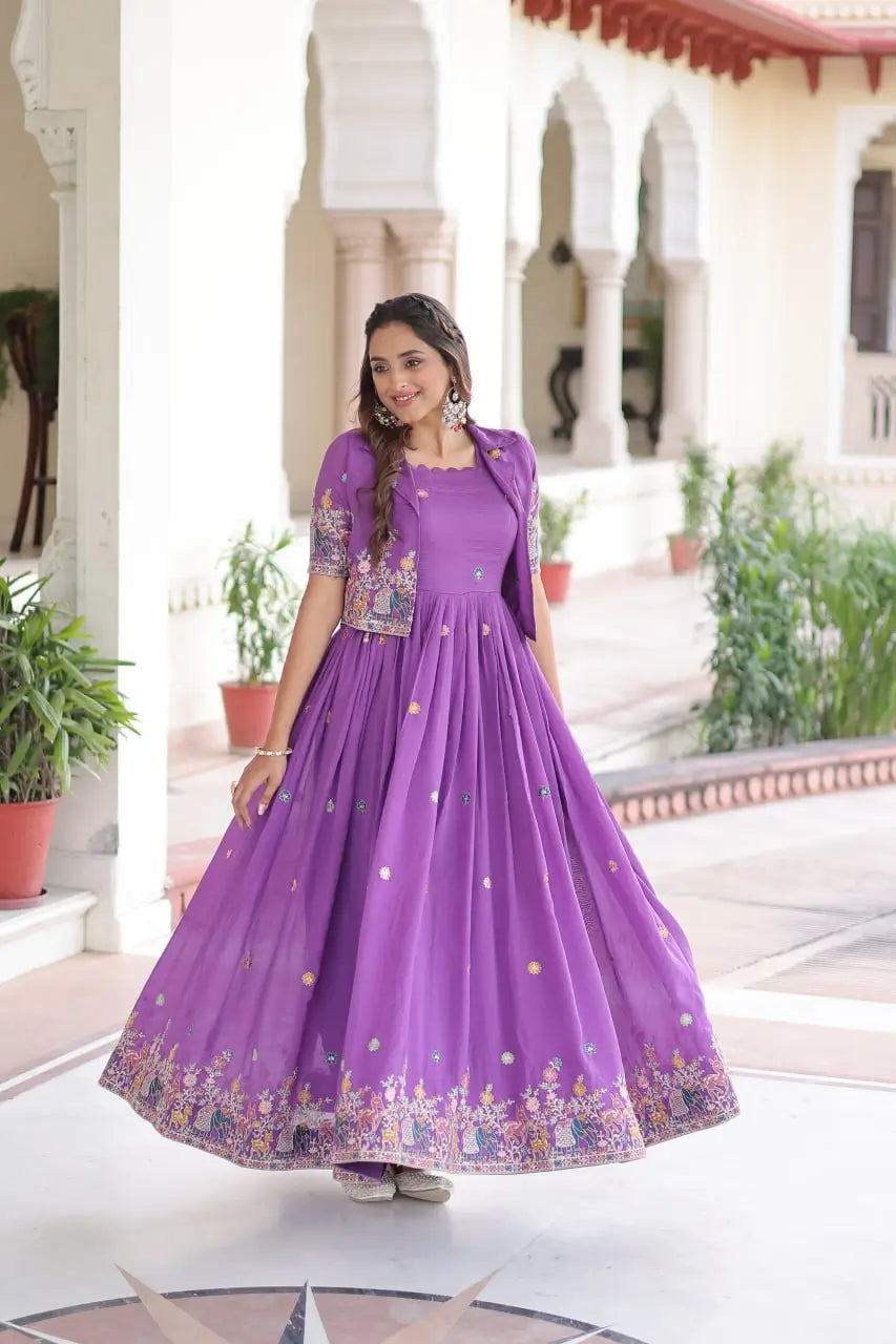 Embroidered Vichitra Silk Gown with Koti Set