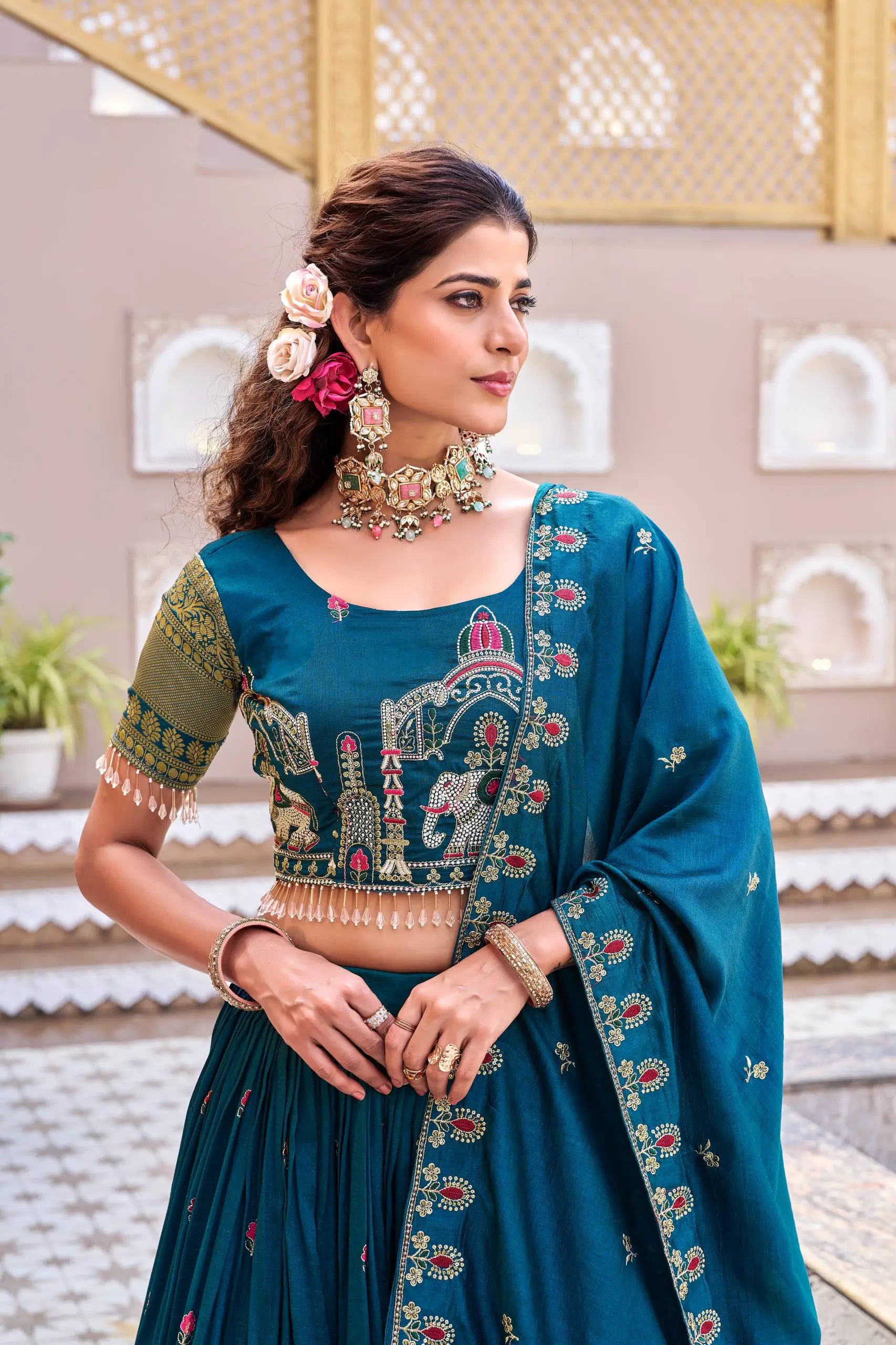 Embroidered Vichitra Silk Lehenga Choli Set